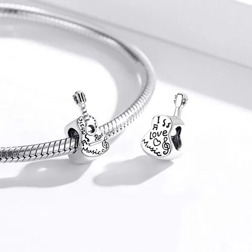 Miniatura 3 de LAMOONY - Abalorio de guitarra de plata de ley 925, con texto en inglés "Love Charm
