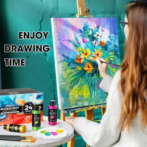 Miniatura 7 de Juego de pintura acrílica iridiscente de 40 piezas con 12 pinceles, 2 cuchillos y paleta, 24 colores (2 onzas/60 ml) - para adultos, artistas