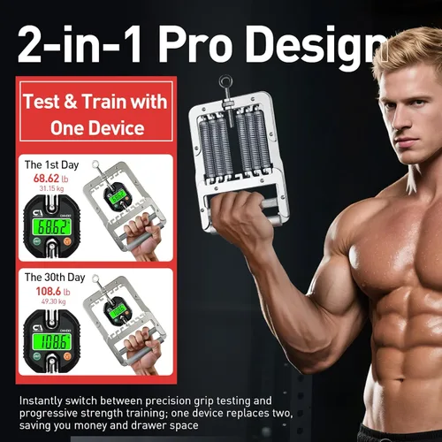 Miniatura 2 de Probador y entrenador de fuerza de agarre 2 en 1, dinamómetro digital de 330.7 lbs/330 libras con niveles de resistencia ajustables, pantalla LCD