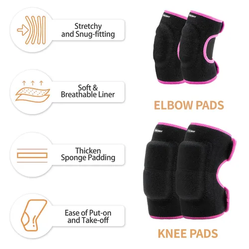 Miniatura 3 de Juego de rodilleras ajustables para niños y jóvenes con almohadillas gruesas SBR para montar, patinar, patinar, snowboard, voleibol (negro y rosa)