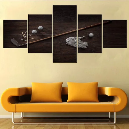 Miniatura 31 de Piezas de golf para decoración de pared, pinturas en blanco y negro, arte de pared para sala de estar, golf, deportes, obras de arte de 5 piezas