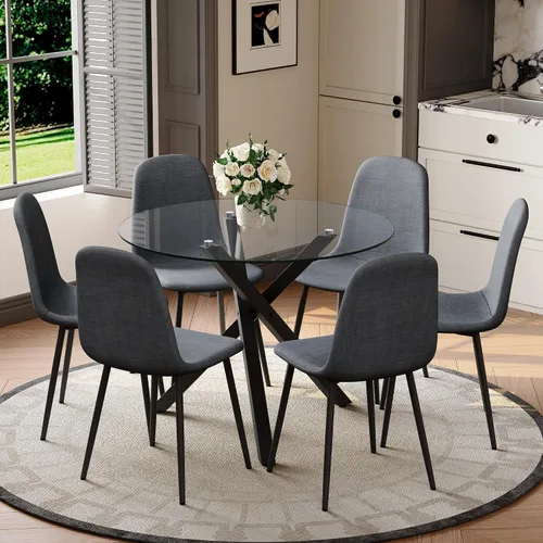 Miniatura 29 de Juego de mesa de comedor redonda para 6, juego de mesa de comedor de vidrio de 39 pulgadas con base de metal ajustable dorada en forma de X y 6
