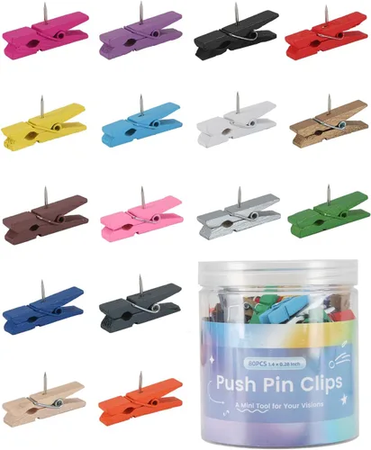 80 piezas de clips de pines de presión de madera coloridos, tachuelas decorativas para tablero de anuncios y tablero de corcho, suministros para