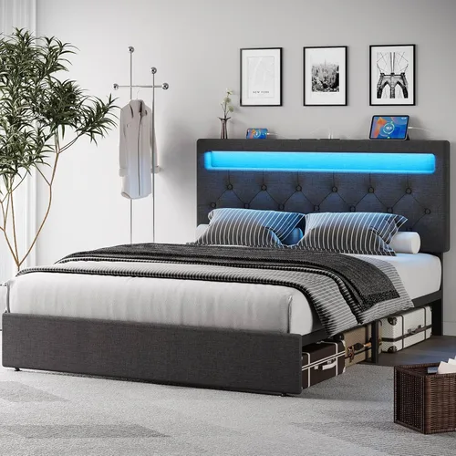 Miniatura 12 de Rolanstar Base de cama individual con estación de carga, cama LED con almacenamiento debajo de la cama, cabecera ajustable de 38.9/40.8 pulgadas,