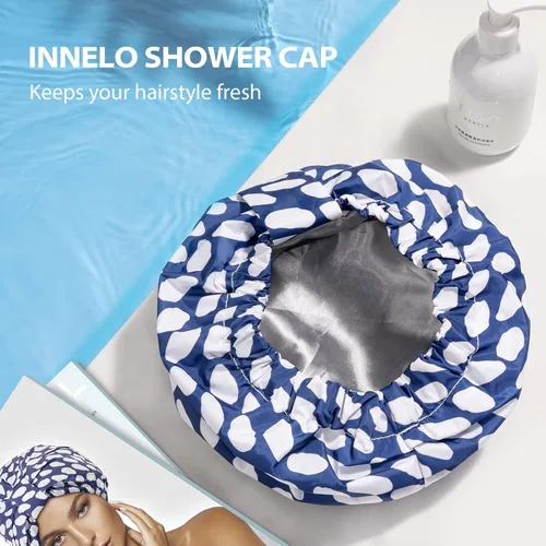 Miniatura 7 de INNELO Gorro de ducha de lujo para mujeres, reutilizable, impermeable, gorro de ducha de doble capa con correa elástica ajustable, gorro de baño