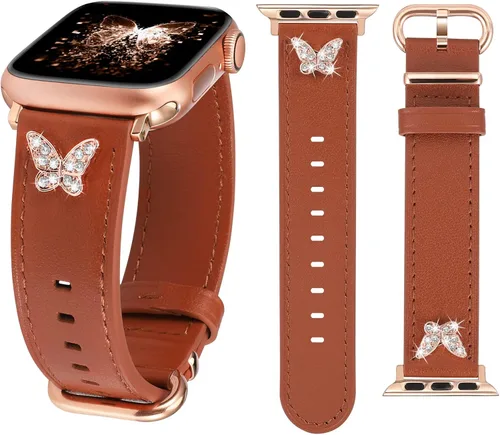 Miniatura 12 de W-RARA Correas de cuero compatibles con Apple Watch Band de 38/40/41/42/44/45/46/1.929 in para mujer, elegante correa de cuero elegante con dijes