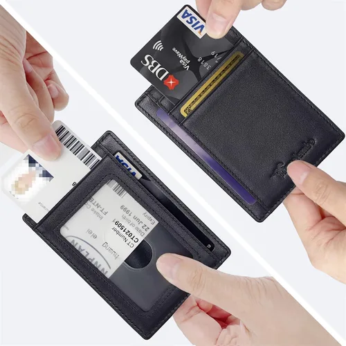 Miniatura 11 de Travelambo billetera mediana y minimalista de cuero para bolsillo frontal, con bloqueo de interferencia de radiofrecuencia