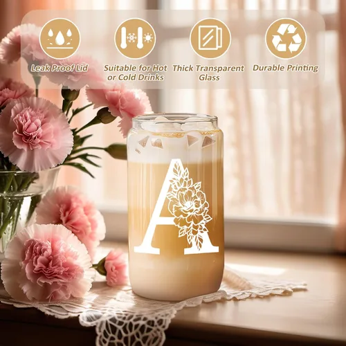 Miniatura 2 de Taza de Vidrio Inicial Coolife, Regalos Personalizados para Mujeres, Tazas de Vidrio de 16 oz con Tapas y Popotes, Taza para Café Helado, Licuado