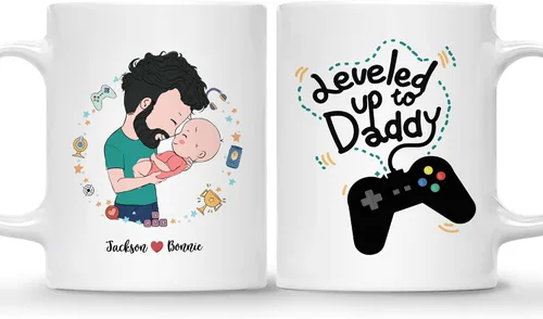 Gossby Taza de café personalizada para el primer día del padre, Leveled Up to Daddy - Regalo personalizado para nuevo papá, regalo para papá por