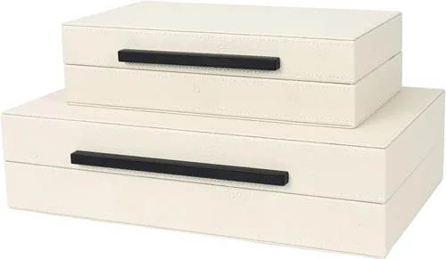 Miniatura 3 de Juego de 2 cajas de almacenamiento decorativas beige con acabado de shagreen, cajas de joyería y recuerdos de piel sintética con asas de metal Negro