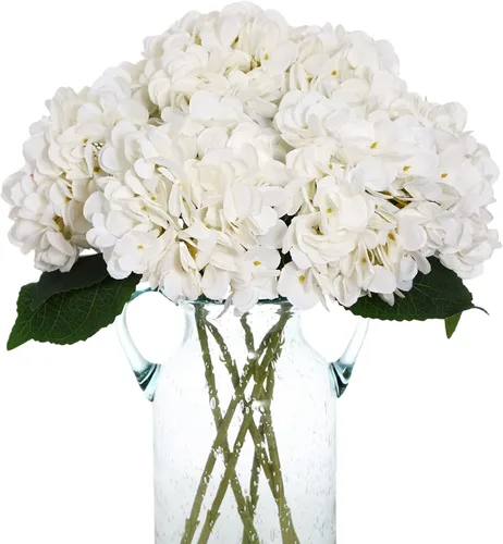 Kimura's Cabin - Flores falsas vintage, flores artificiales en seda de hortensias, ramos de hortensias sintéticas, tallos de hortensias de Blanco