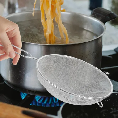 Miniatura 8 de Lurrose Cuchara de malla de acero inoxidable de 17.12 pulgadas con colador ranurado de mango largo para servir alimentos, drenaje de aceite