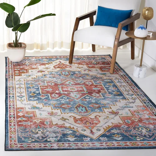 Miniatura 10 de SAFAVIEH Alfombra lavable Tucson Collection - 2 pies 6 pulgadas x 4 pies, azul y al óxido, antideslizante y fácil de limpiar, ideal para sala