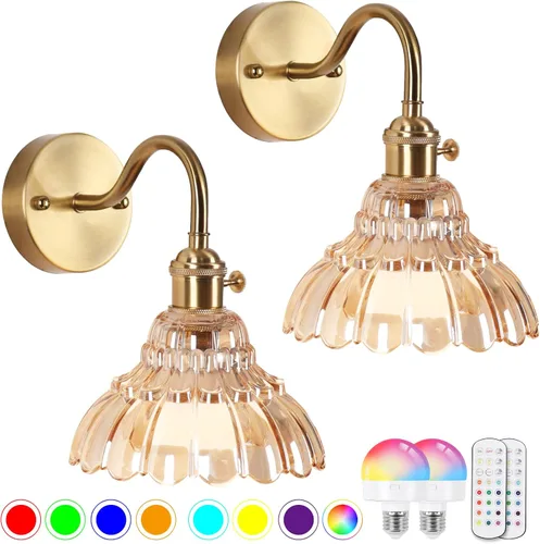 Juego de dos apliques de pared vintage que funcionan con pilas, para interiores, no cableados, pantallas de lámpara de vidrio ámbar de latón, luces
