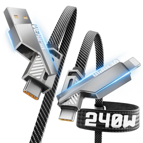 Miniatura 17 de Cable USB C ultra corto 4 en 1 de 0.6 pies compatible con cable Lightning [carga rápida y transferencia de datos] cable de carga plano trenzado
