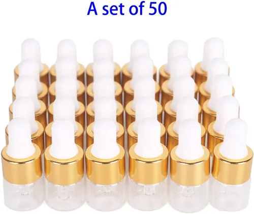 Miniatura 2 de Hauioe 50 botellas cuentagotas de vidrio transparente – 1/3/0.2 fl oz botella cuentagotas de aceite esencial con pipeta medidora y tapa dorada