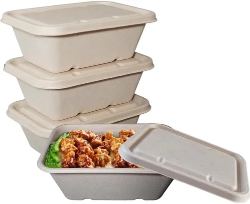 EcoQuality Cuencos desechables de 34 onzas con tapas de fibra, cuencos rectangulares de papel biodegradable de fibra de caña de azúcar compostable