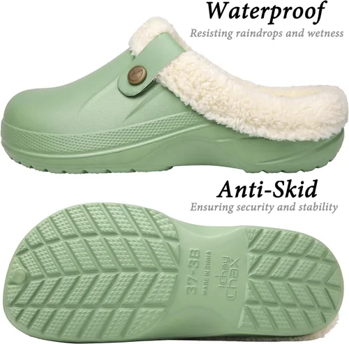 Miniatura 4 de ChayChax - Pantuflas impermeables para mujeres y hombres, con forro de piel, zapatos de jardín de invierno, pantuflas cálidas para interiores