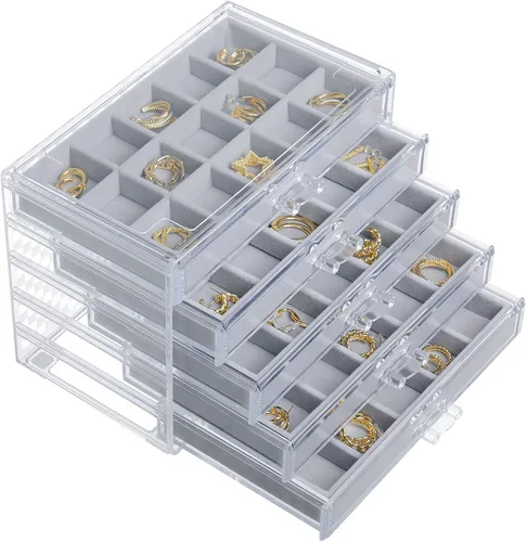 misaya Organizador de aretes de acrílico con 75 ranuras, 5 cajones, organizador de joyas transparente solo para aretes, regalo para mamá, gris