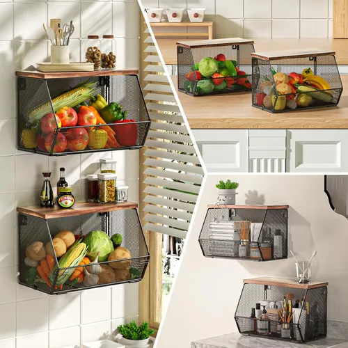 Miniatura 6 de Cesta de frutas apilable para encimera de cocina, ahorro de espacio, cesta de alambre de malla de metal montada en la pared con tapa de madera, Negro