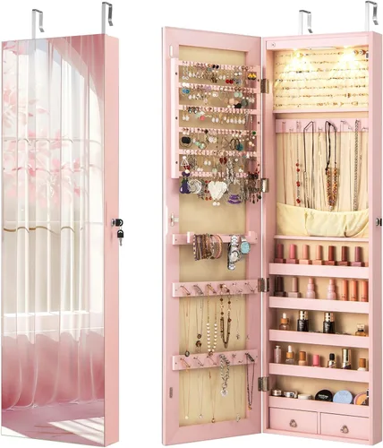 Miniatura 45 de Giantex Armario de joyería para puerta de pared con espejo de longitud completa, 2 LED con cerradura grande organizador de joyas con espejo ancho