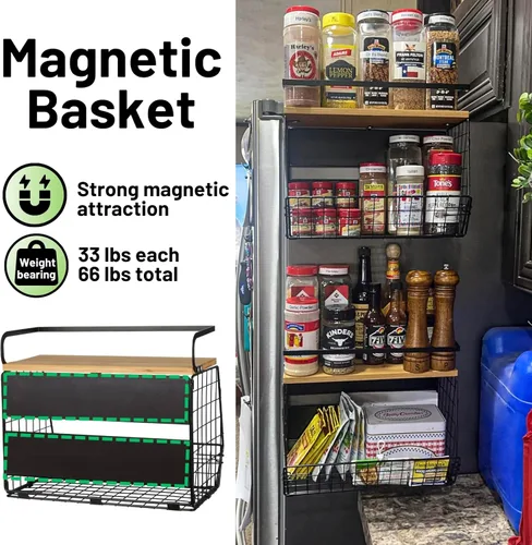 Miniatura 2 de Juego de 2 estantes magnéticos para refrigerador con tapa de madera, contenedores de almacenamiento de papas y cebollas, organizadores y Negro