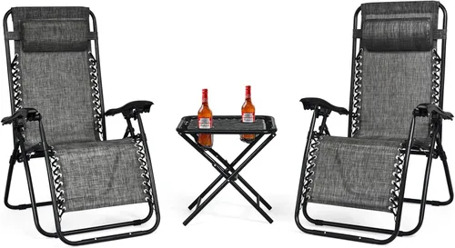 Goplus Zero Gravity - Juego de sillas reclinables de 3 piezas para exteriores con mesa auxiliar, reposacabezas y portavasos, reclinables plegables