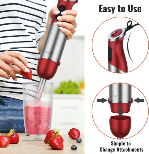 Miniatura 5 de KOIOS Licuadora de inmersión de mano 5 en 1, batidora de mano de 1000 W de 12 velocidades con motor de cobre y hoja de acero inoxidable, vaso de Rojo