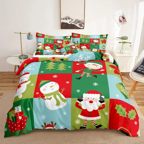 Miniatura 12 de Juego de ropa de cama de Navidad con funda de edredón de copos de nieve, color blanco y rojo, con estampado navideño, juego de ropa de cama festiva