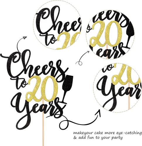 Miniatura 3 de 1 pieza de decoración para tartas de "Cheers to 20 años" con purpurina dorada y negra para pastel de 20 años, decoración de pastel de 20 años