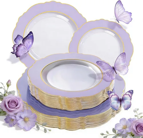 Miniatura 16 de WDF 100 platos de plástico plateado, diseño barroco de alta gama, platos blancos y plateados resistentes para fiestas de Navidad y bodas de lujo