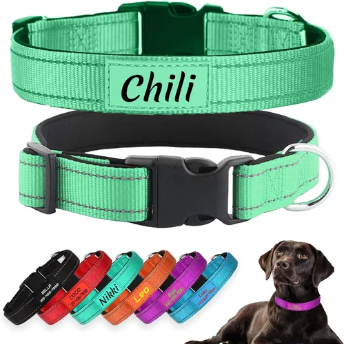 Miniatura 9 de Collares para perros personalizados, nailon reflectante personalizado con nombre de mascota y número de teléfono, ajustable en 5 tamaños y 3