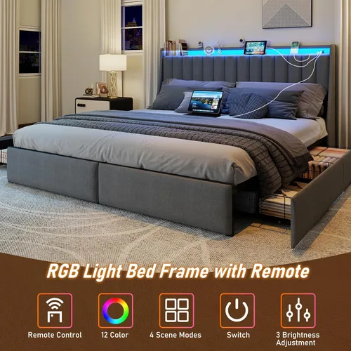 Miniatura 3 de SADENICEL Base de cama de tamaño completo con cabecera de almacenamiento y 4 cajones, plataforma de base de cama de metal completo con luz LED