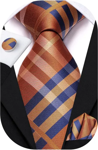 Miniatura 197 de Hi-Tie Corbata clásica de cachemira para hombre con pañuelo y gemelos a cuadros