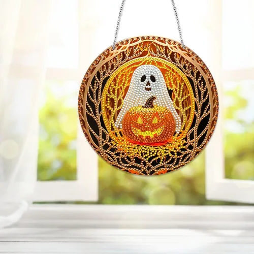 Miniatura 8 de LUSandy Kit de pintura de diamante de calabaza fantasma 5D para Halloween, letrero de arte de pared, diseño de calabaza, diamante, atrapasoles