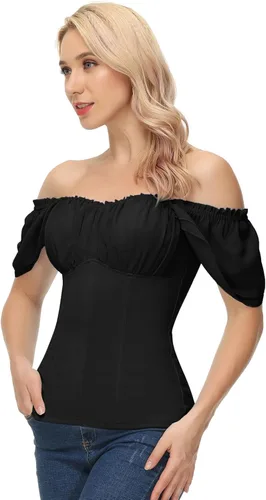 Miniatura 5 de Scarlet Darkness Camisa Renacentista para Mujer con Hombros Descubiertos y Mangas Cortas con Volantes, Blusa Campesina de Verano con Cuello Cuadrado