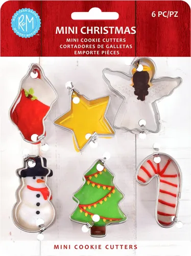 R&M International Mini cortadores de galletas de Navidad, muñeco de nieve, medias, estrella, bastón de caramelo, árbol, ángel, juego de 6 piezas