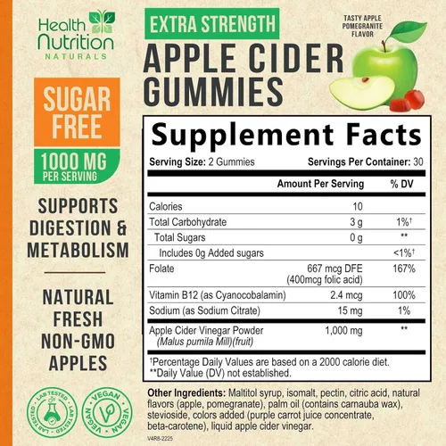 Miniatura 2 de Gomitas de vinagre de sidra de manzana, cero azúcar, vitaminas gomosas ACV de máxima fuerza, vitamina B12 y la madre, metabolismo y apoyo