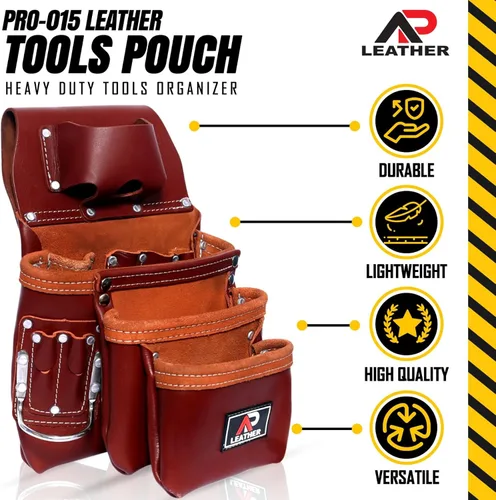 Miniatura 3 de Bolsa de herramientas de cuero AP LEATHER Pro-015 para construcción, resistente, con soporte para martillo, hebilla, 3 bolsillos grandes con Granate