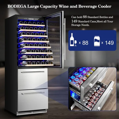 Miniatura 2 de BODEGA Refrigerador de vino y bebidas, enfriador de vino de doble zona 2 en 1 de 24 pulgadas, enfriador de bebidas integrado o independiente, luz