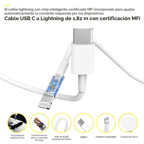 Miniatura 7 de Cargador rápido para iPhone, cable de carga de teléfono, paquete de 3 cargadores de iPhone de carga rápida de 6 pies, adaptador de carga USB C de 6