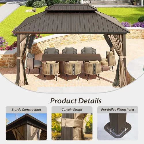 Miniatura 5 de Domi - Cenador de techo rígido de 8 x 8 pies con malla y cortinas, cenador para exteriores con techo doble de acero galvanizado para patio, césped