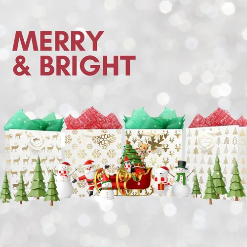 Miniatura 4 de UNIQOOO 12 bolsas de regalo de Navidad doradas metálicas a granel con etiqueta, grandes de 12.5 x 10.5 pulgadas, copos de nieve surtidos, renos