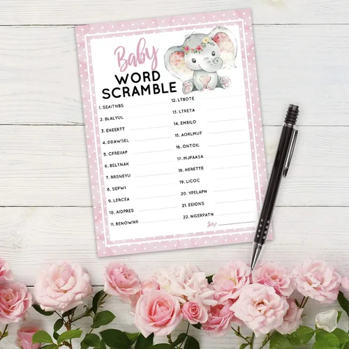 Miniatura 4 de Juego y actividad para baby shower con temática de elefante rosa, fácil de jugar, revelación de género, nuevos padres, mujeres, hombres o niños, 5 x