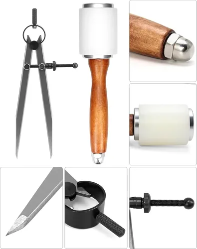 Miniatura 3 de QWORK Juego de Martillo de Tallado en Cuero, Martillo para Artesanía de Cuero DIY + Brújula Matemática, Brújula de Dibujo, Brújula de Trazado