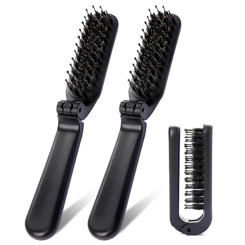 Miniatura 9 de Paquete de 2 cepillos plegables para el cabello, cepillo de tamaño de viaje con cerdas naturales de jabalí y pasadores de nailon, cepillo pequeño