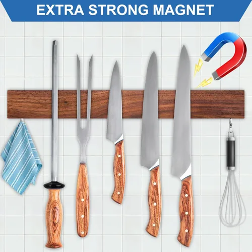 Miniatura 2 de Soporte magnético para cuchillos para pared, tira magnética para cuchillos sin taladrar de 16 pulgadas, tira magnética de madera de nogal con 2