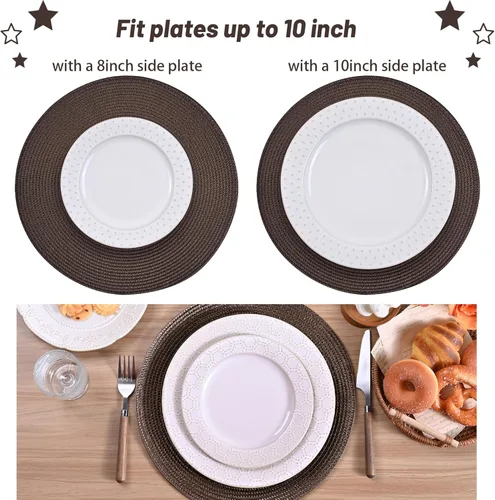 Miniatura 51 de Feuille Juego de 4 manteles individuales redondos trenzados para mesa de comedor, tejidos, lavables, antideslizantes, 13.5 pulgadas
