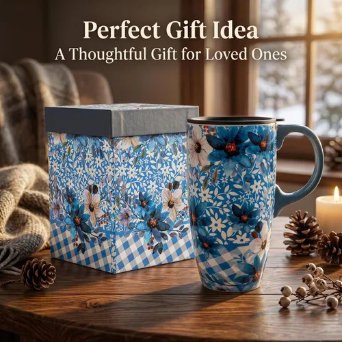 Miniatura 5 de Topadorn Taza de Cerámica para Café de Porcelana Latte Taza de Té con Tapa en Caja de Regalo 17oz, Flores Azules