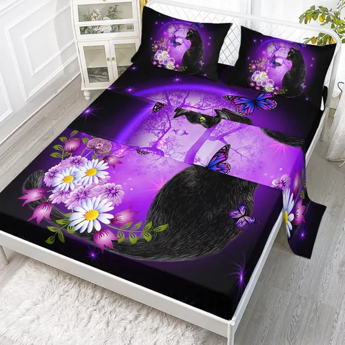 Miniatura 34 de Axolotl Juego de sábanas de gato negro de dibujos animados tamaño full, diseño de estrellas y luna impreso, ropa de cama para niños para decoración